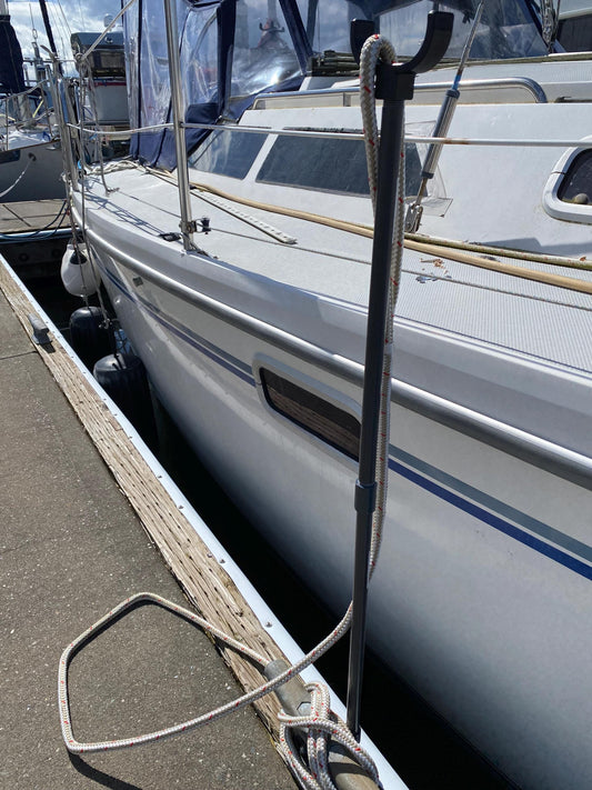 Cleat Mounted Dock Buddie is designed for locations that forbid screwing into the dock, like most public marinas..